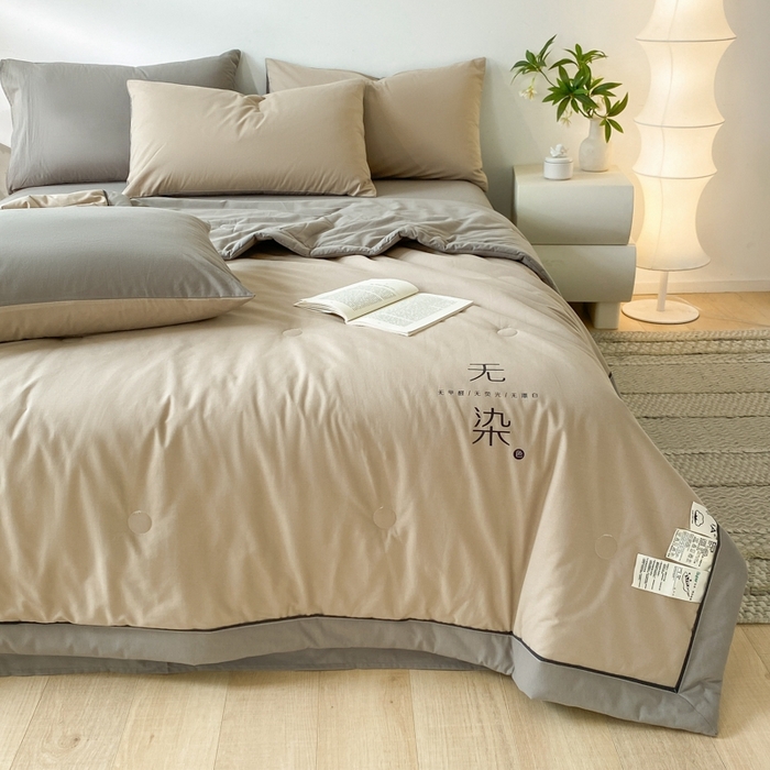 91家纺网 家纺一手货源 找家纺 荔禾家居 2024新款A类全棉水洗棉无染夏被 亚麻咖