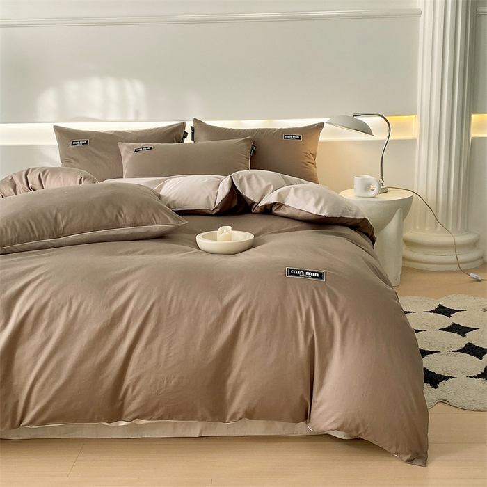 91家纺网 家纺一手货源 找家纺 凯磊家纺 2024新款高支高密.纯色拼色四件套-星漫系列 星漫-木斯咖+浅米灰