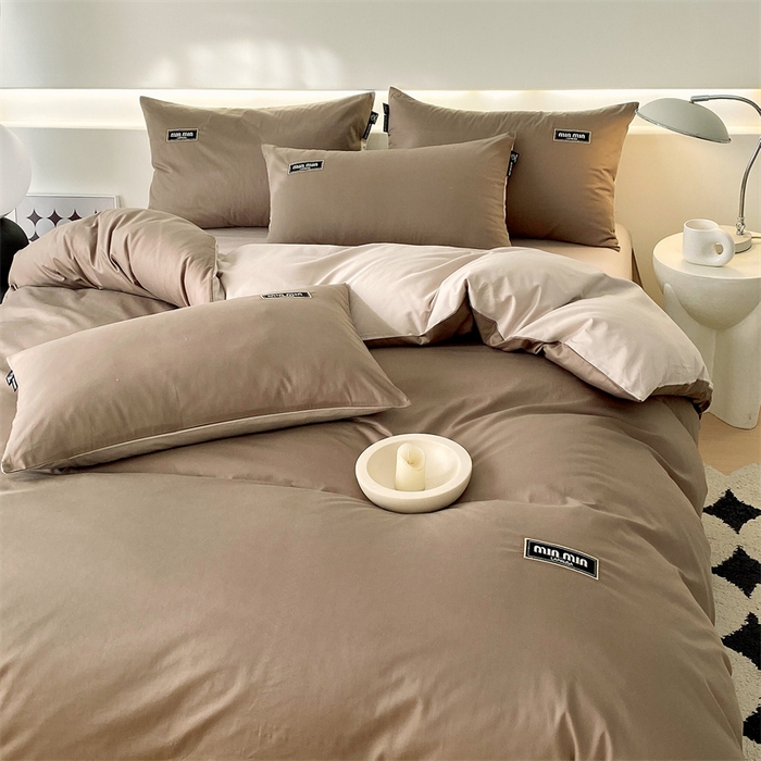 91家纺网 家纺一手货源 找家纺 凯磊家纺 2024新款高支高密.纯色拼色四件套-星漫系列 星漫-木斯咖+浅米灰