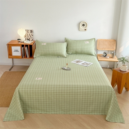 圣比熊 2024新款A类水洗棉麻单层床单席梦思床垫保护套床盖床裙加枕套  床单线条格-绿