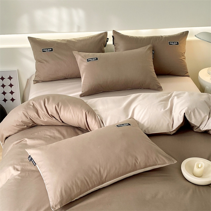 91家纺网 家纺一手货源 找家纺 凯磊家纺 2024新款高支高密.纯色拼色四件套-星漫系列 星漫-木斯咖+浅米灰