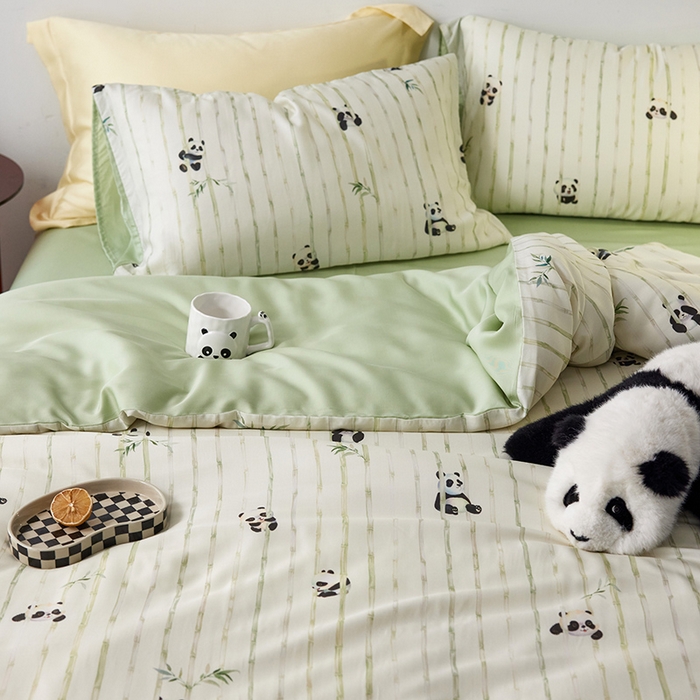 91家纺网 家纺一手货源 找家纺 时年家纺 2024春夏新品莱赛尔天丝印花四件套 淘气熊猫