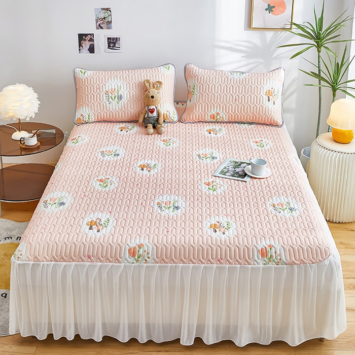 91家纺网 家纺一手货源 找家纺 爱上家居 2024新款印花凉席床裙床单款夏被-床裙款 花团