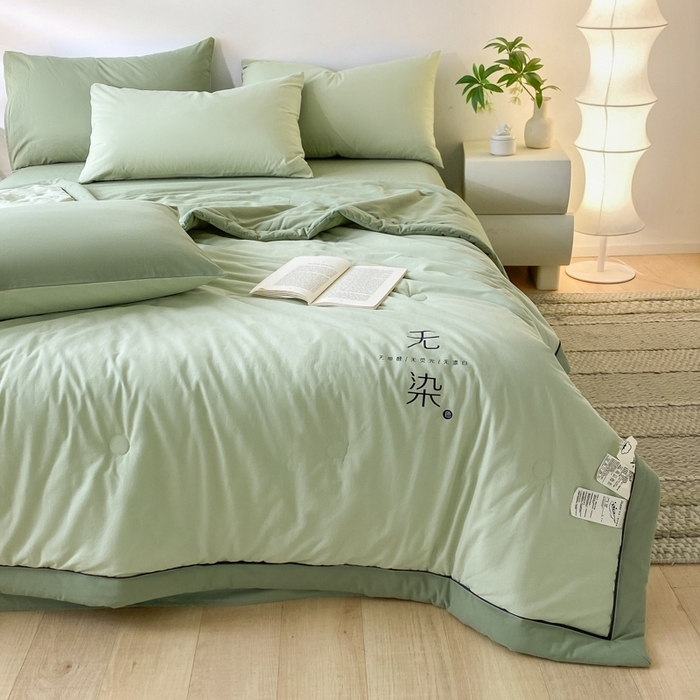 91家纺网 家纺一手货源 找家纺 荔禾家居 2024新款A类全棉水洗棉无染夏被 春辰绿