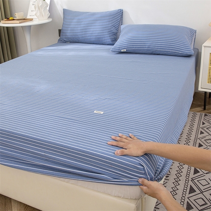 91家纺网 家纺一手货源 找家纺 金泰莱 2025新款老粗布床笠三件套全棉床笠纯棉床笠单床笠 条纹蓝