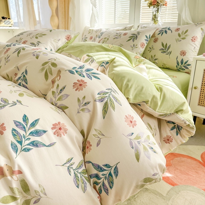 91家纺网 家纺一手货源 找家纺 晨希家居 2024新款小清新全棉印花四件套 伊梦