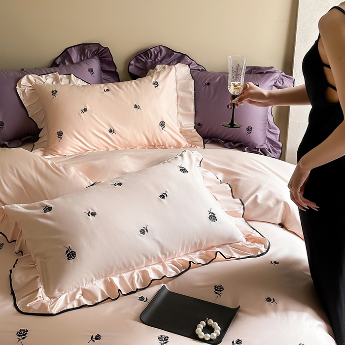 91家纺网 家纺一手货源 找家纺 2024窝米春夏新品100支长绒棉刺绣款四件套（玫瑰紫，茶粉） 玫瑰茶粉