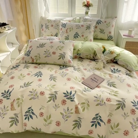 91家纺网 家纺一手货源 找家纺 晨希家居 2024新款小清新全棉印花四件套 伊梦