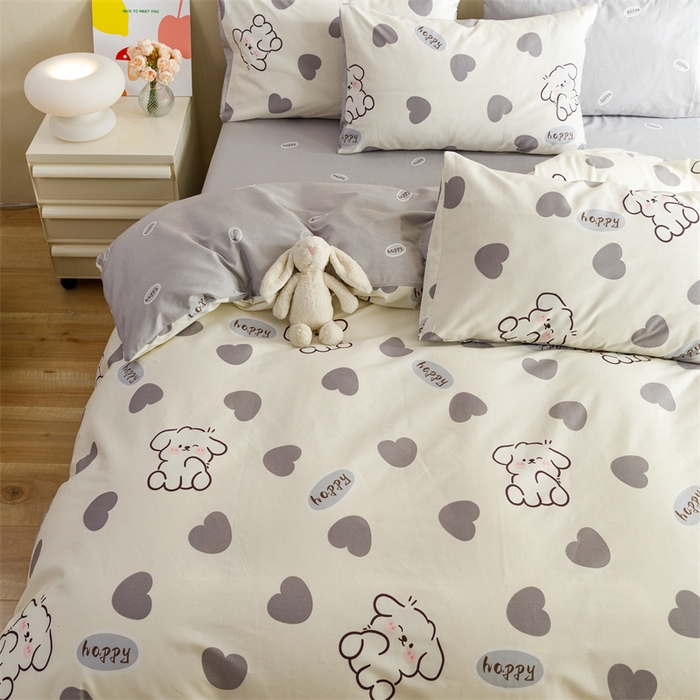 91家纺网 家纺一手货源 找家纺 红粉佳人家纺  2024新款纯棉卡通小清新四件套及单品 开心狗-1