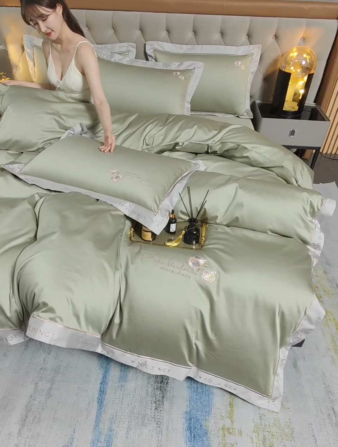 91家纺网 家纺一手货源 找家纺 瑞驰家纺 2024新款A类长绒棉刺绣四件套-雅典娜系列 雅典娜-赛琳绿