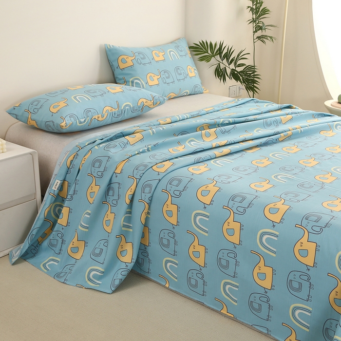 91家纺网 家纺一手货源 找家纺 金泰莱 2025新款三枚段条卷边老粗布凉席三件套床单套件 卡通小象-蓝 原棉款