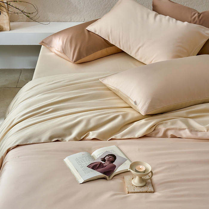 91家纺网 家纺一手货源 找家纺 沐晴2024新款春夏60兰精天丝简约轻奢纯色长绒棉四件套 可可（可可牛奶-优雅驼）