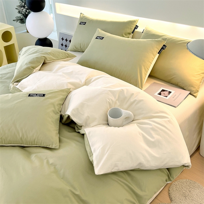 91家纺网 家纺一手货源 找家纺 凯磊家纺 2024新款高支高密.纯色拼色四件套-星漫系列 星漫-晨雾绿+象牙白