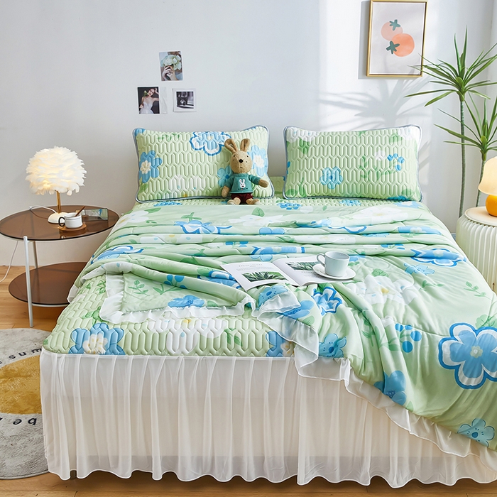 91家纺网 家纺一手货源 找家纺 爱上家居 2024新款印花凉席床裙床单款夏被-床裙款 小绿花