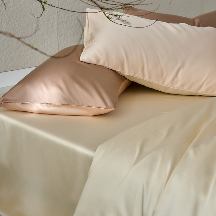 91家纺网 家纺一手货源 找家纺 沐晴2024新款春夏60兰精天丝简约轻奢纯色长绒棉四件套 可可（可可牛奶-优雅驼）