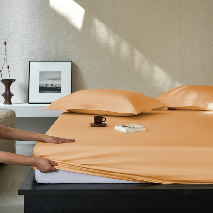 91家纺网 家纺一手货源 找家纺 秀色家纺 2025新款高端酒店50支贡缎长绒棉床笠单件纯棉全棉贡缎可裸睡单双人床上用品 梦易-南瓜橘