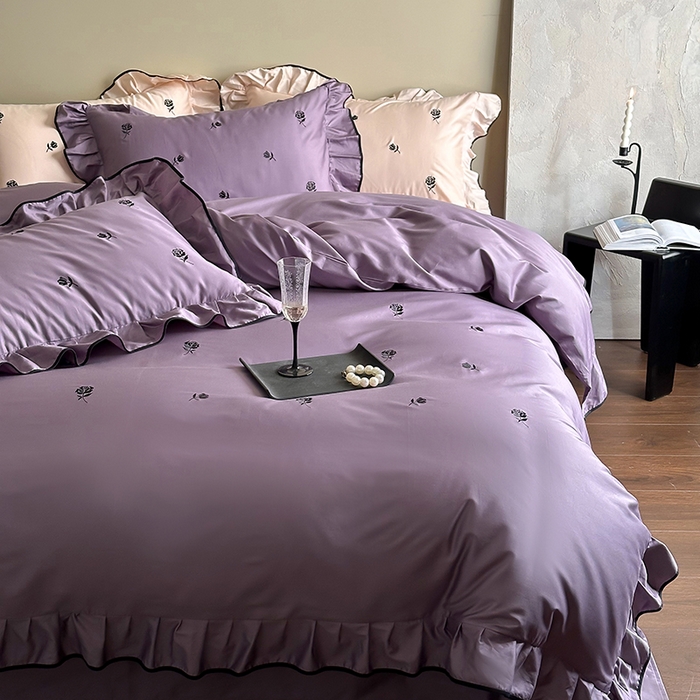 91家纺网 家纺一手货源 找家纺 2024窝米春夏新品100支长绒棉刺绣款四件套（玫瑰紫，茶粉） 玫瑰紫