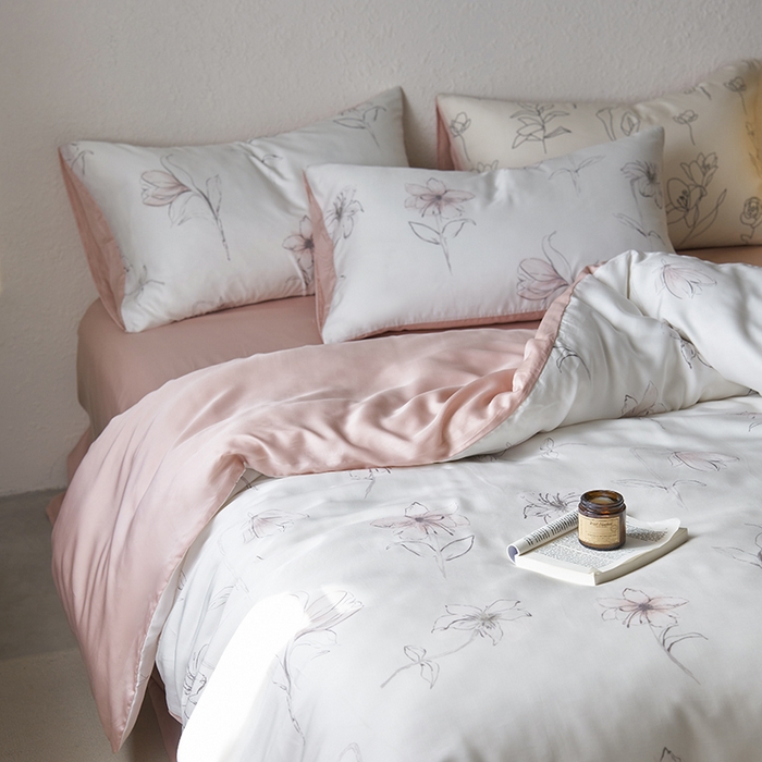 91家纺网 家纺一手货源 找家纺 时年家纺 2024春夏新品莱赛尔天丝印花四件套 枝叶诗韵