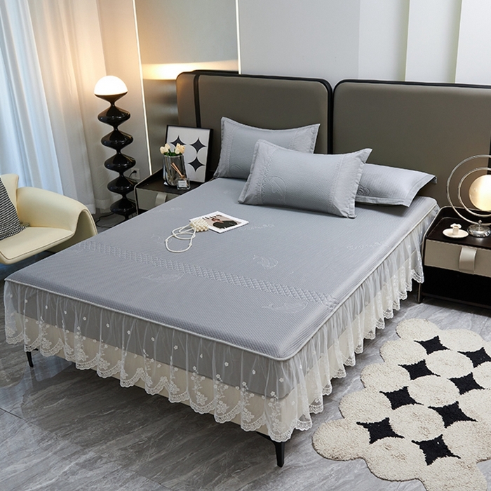 91家纺网 家纺一手货源 找家纺 青雅席业 2025新款A类凉感丝蕾丝花边床笠款凉席 海豚-灰