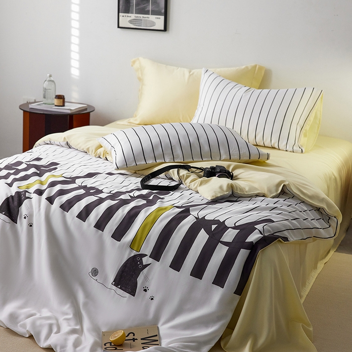 91家纺网 家纺一手货源 找家纺 时年家纺 2024春夏新品莱赛尔天丝印花四件套 律动猫