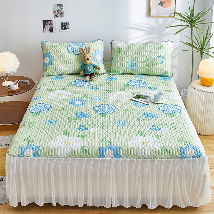 91家纺网 家纺一手货源 找家纺 爱上家居 2024新款印花凉席床裙床单款夏被-床裙款 小绿花