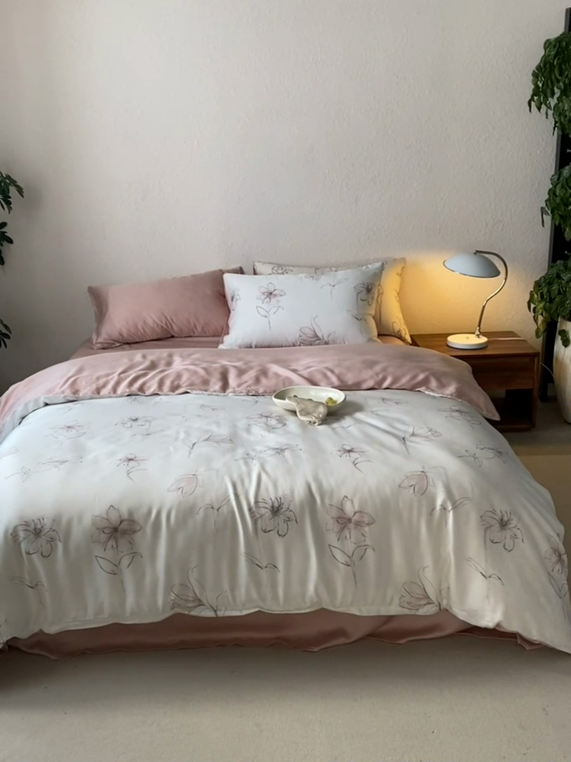 91家纺网 家纺一手货源 找家纺 时年家纺 2024春夏新品莱赛尔天丝印花四件套 枝叶诗韵