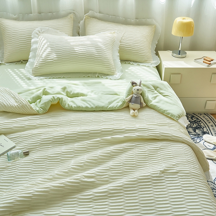 91家纺网 家纺一手货源 找家纺 畅销被业  2024新款泡泡纱花边夏被四件套 花边款泡泡纱-米白