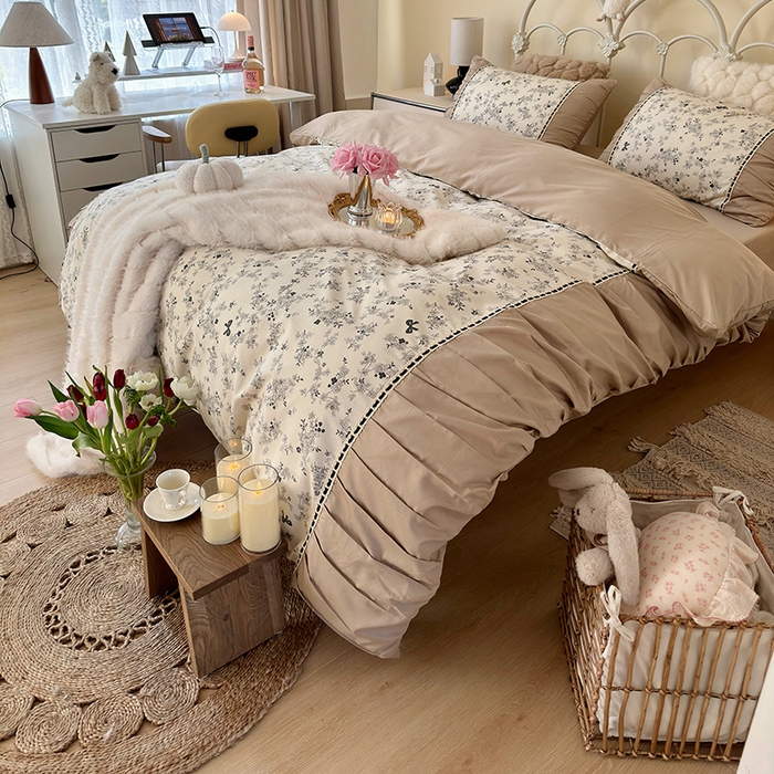 91家纺网 家纺一手货源 找家纺 晨希家居 2024新款复古法式全棉印花四件套 繁花