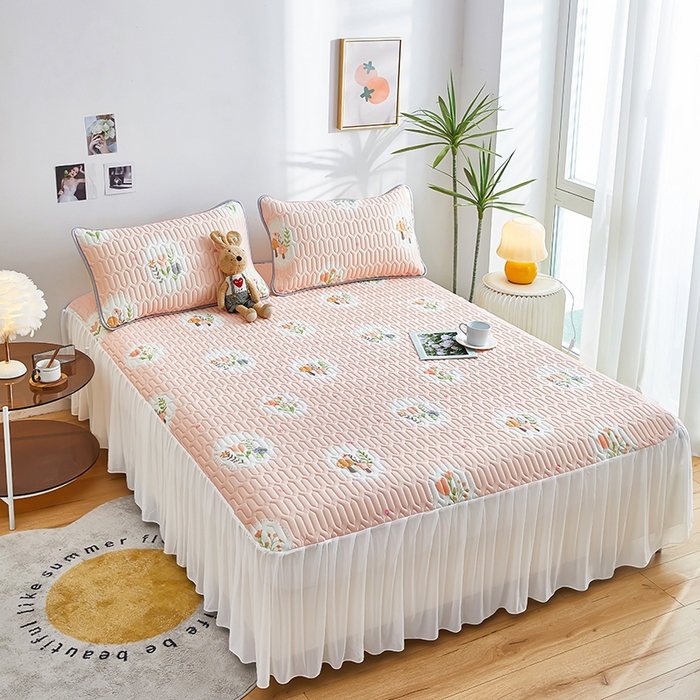 91家纺网 家纺一手货源 找家纺 爱上家居 2024新款印花凉席床裙床单款夏被-床裙款 花团