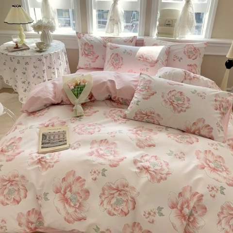 91家纺网 家纺一手货源 找家纺 晨希家居 2024新款小清新全棉印花四件套 牡丹花开