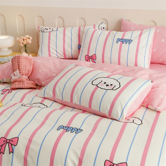 91家纺网 家纺一手货源 找家纺 红粉佳人家纺  2024新款纯棉卡通小清新四件套及单品 小白狗