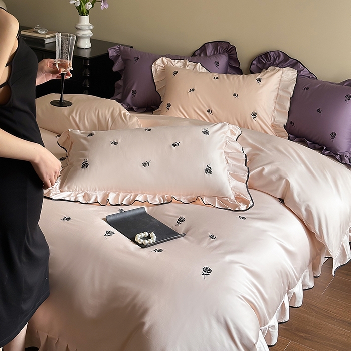 91家纺网 家纺一手货源 找家纺 2024窝米春夏新品100支长绒棉刺绣款四件套（玫瑰紫，茶粉） 玫瑰茶粉