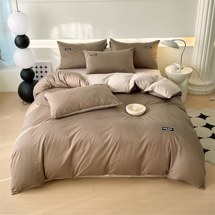 91家纺网 家纺一手货源 找家纺 凯磊家纺 2024新款高支高密.纯色拼色四件套-星漫系列 星漫-木斯咖+浅米灰