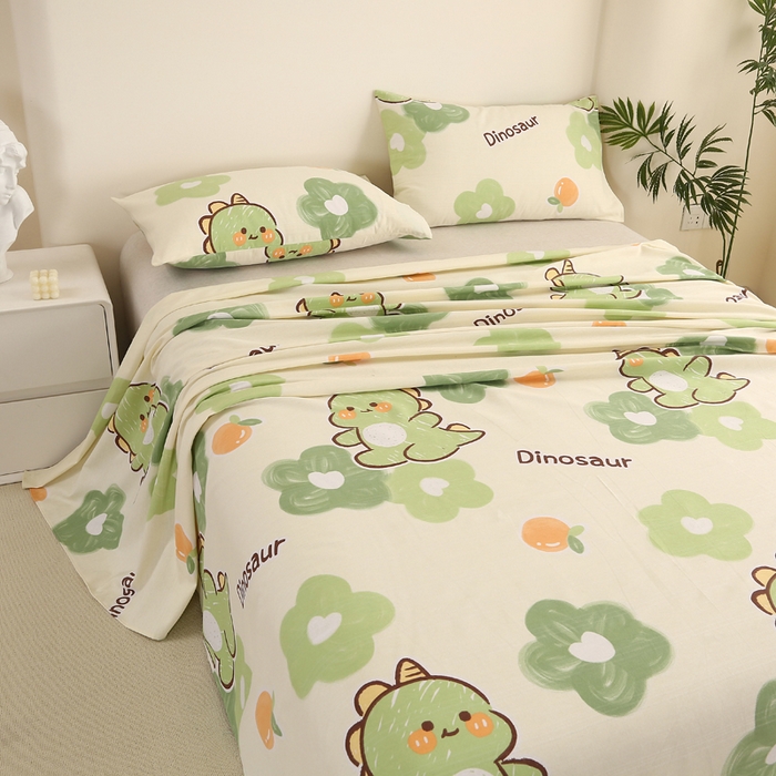 91家纺网 家纺一手货源 找家纺 金泰莱 2025新款三枚段条卷边老粗布凉席三件套床单套件 超级恐龙 原棉款