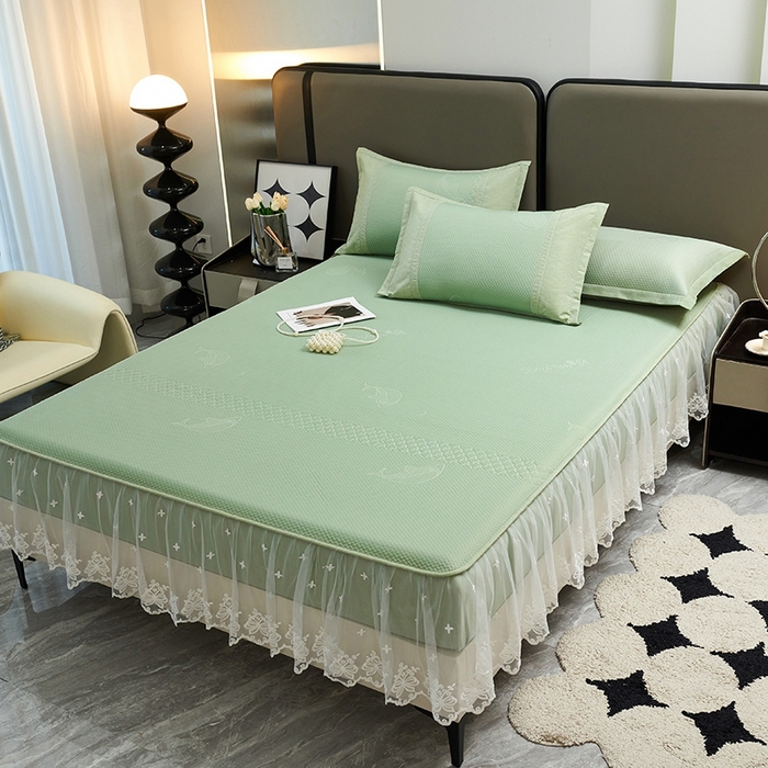 91家纺网 家纺一手货源 找家纺 青雅席业 2025新款A类凉感丝蕾丝花边床笠款凉席 海豚-绿