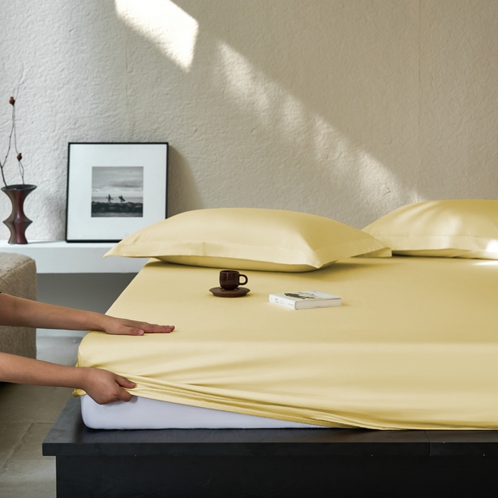 91家纺网 家纺一手货源 找家纺 秀色家纺 2025新款高端酒店50支贡缎长绒棉床笠单件纯棉全棉贡缎可裸睡单双人床上用品 梦易-奶茶米