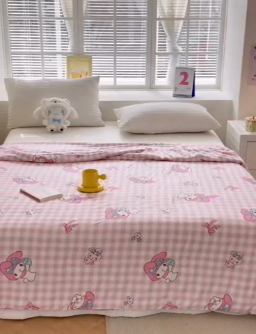 91家纺网 家纺一手货源 找家纺 博雅 2024新款三丽鸥正版系列A类牛奶丝软糯针织棉大豆纤维夏被 针织棉（带防伪标）粉格美乐蒂