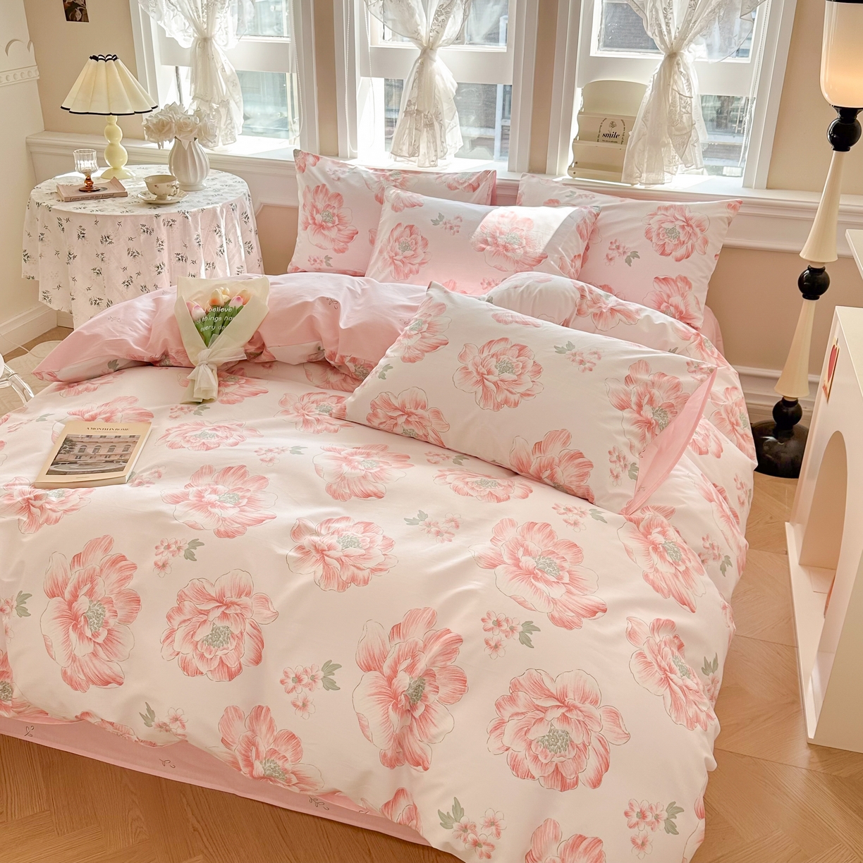 91家纺网 家纺一手货源 找家纺 晨希家居 2024新款小清新全棉印花四件套 牡丹花开