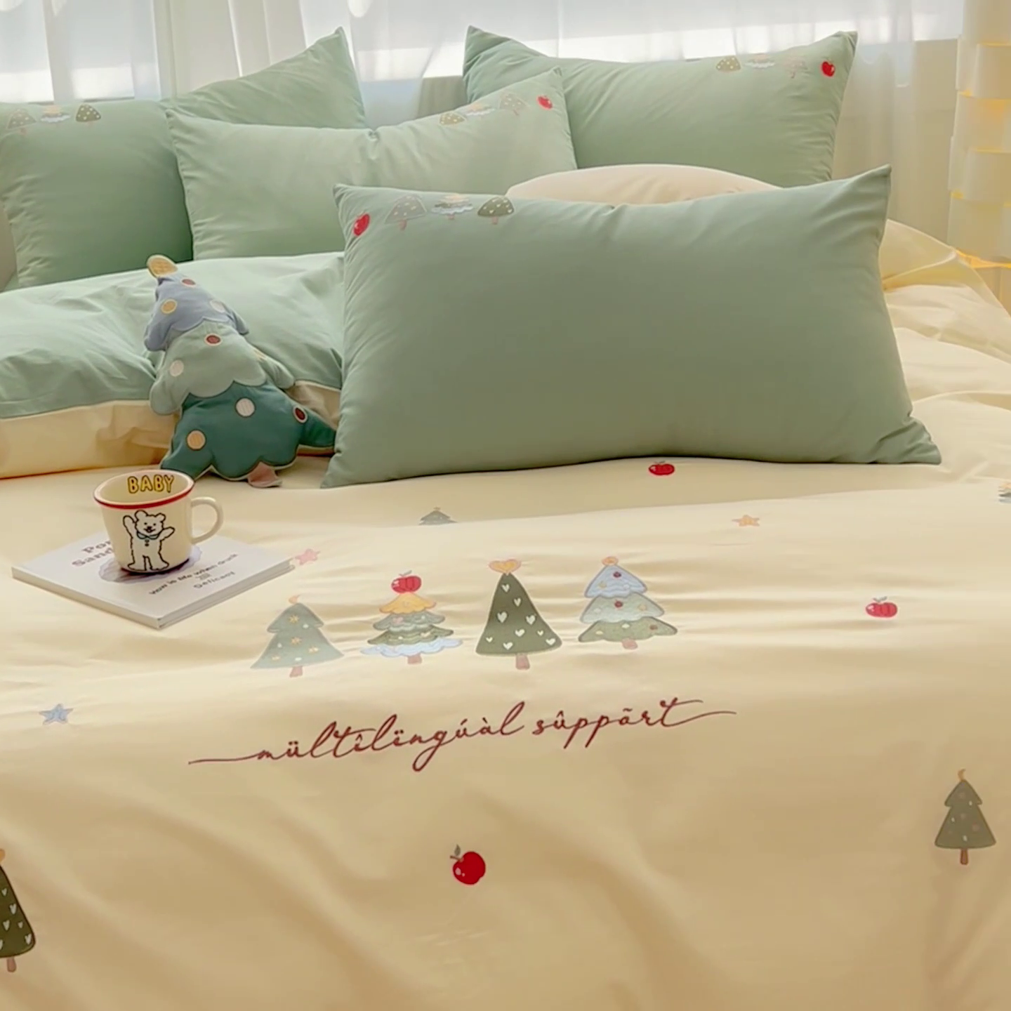 91家纺网 家纺一手货源 找家纺 亲亲公主 2025新款全棉可爱刺绣四件套 幸运树