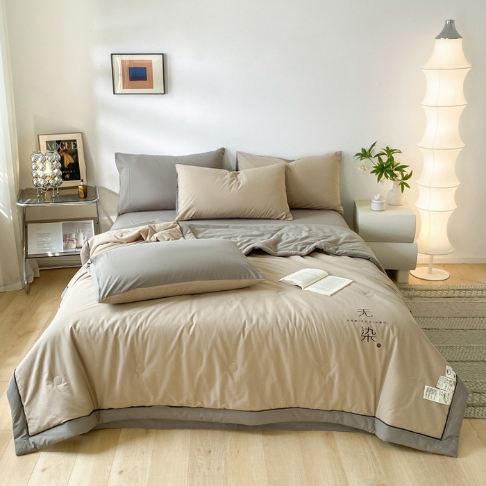 91家纺网 家纺一手货源 找家纺 荔禾家居 2024新款A类全棉水洗棉无染夏被 亚麻咖