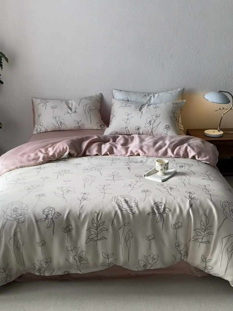 91家纺网 家纺一手货源 找家纺 时年家纺 2024春夏新品莱赛尔天丝印花四件套 菲青