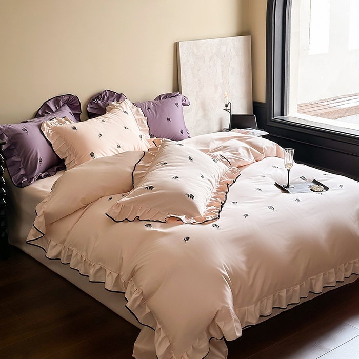 91家纺网 家纺一手货源 找家纺 （总）2024窝米春夏新品100支长绒棉刺绣款四件套（玫瑰紫，茶粉）