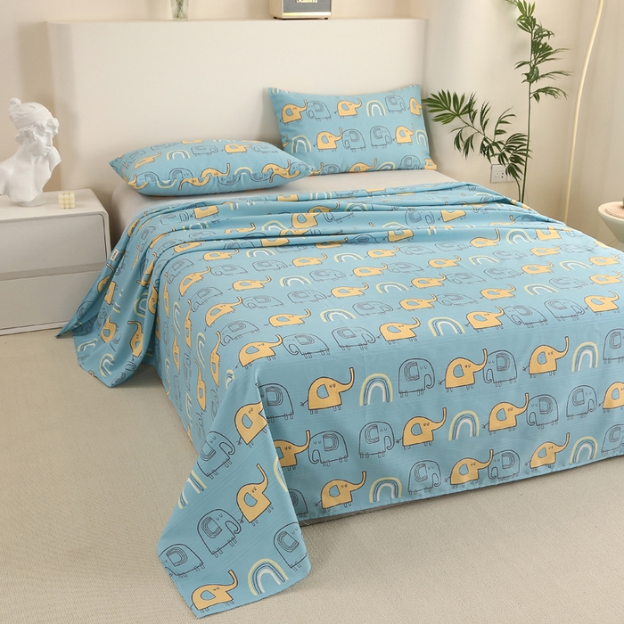 91家纺网 家纺一手货源 找家纺 金泰莱 2025新款三枚段条卷边老粗布凉席三件套床单套件 卡通小象-蓝 原棉款