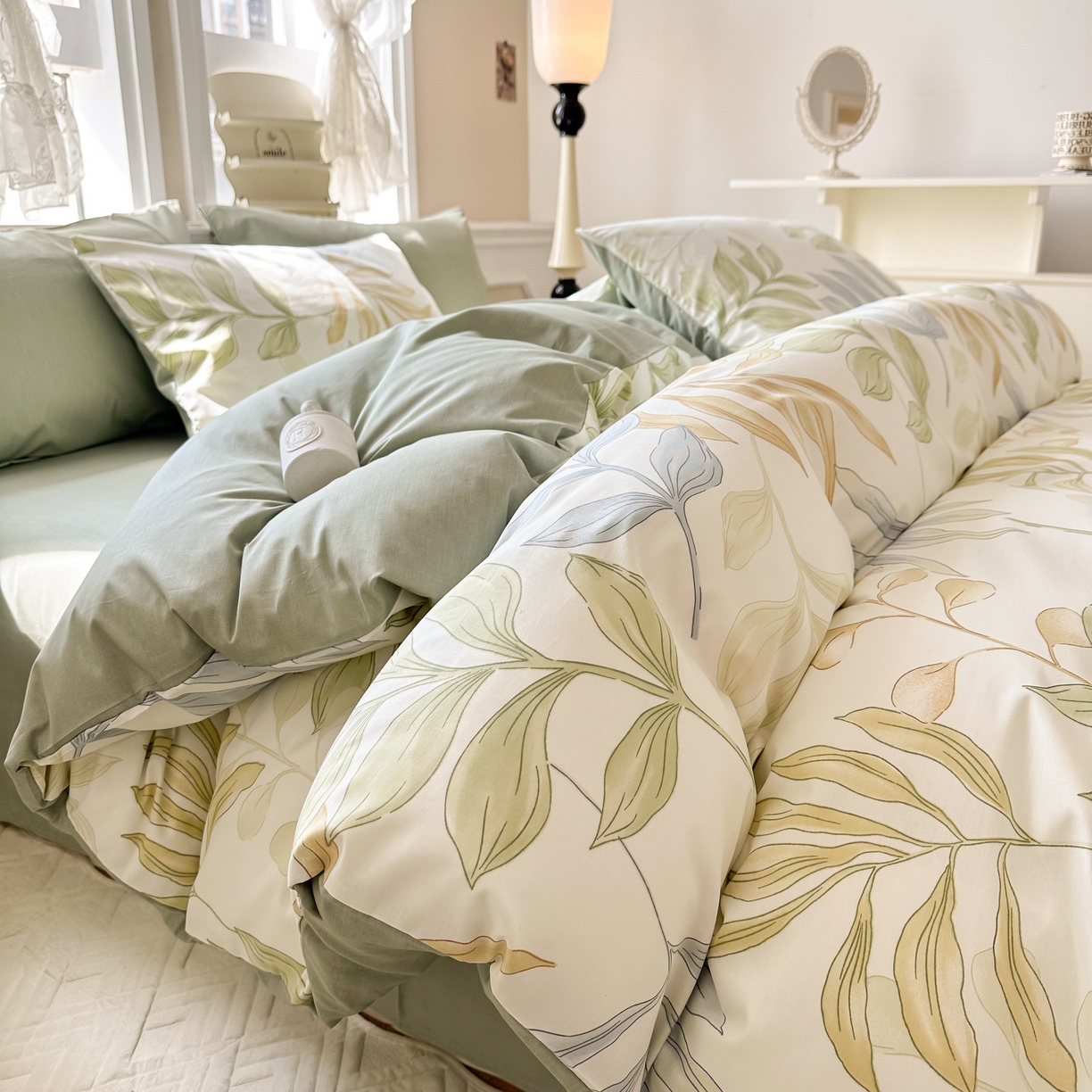 91家纺网 家纺一手货源 找家纺 晨希家居 2024新款小清新全棉印花四件套 青青糯叶