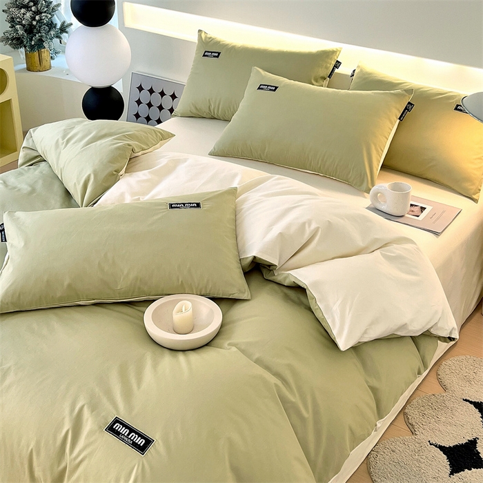 91家纺网 家纺一手货源 找家纺 凯磊家纺 2024新款高支高密.纯色拼色四件套-星漫系列 星漫-晨雾绿+象牙白