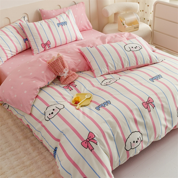 91家纺网 家纺一手货源 找家纺 红粉佳人家纺  2024新款纯棉卡通小清新四件套及单品 小白狗