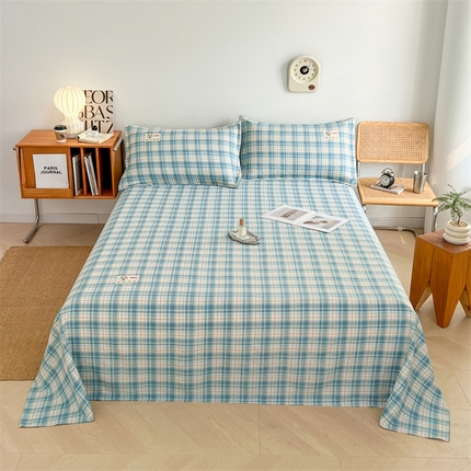 圣比熊 2024新款A类水洗棉麻单层床单席梦思床垫保护套床盖床裙加枕套 床单 线条格-蓝