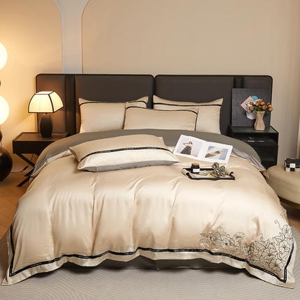 91家纺网 家纺一手货源 找家纺 （总）麦空 2025新款水洗冰丝刺绣系列四件套-朝颜