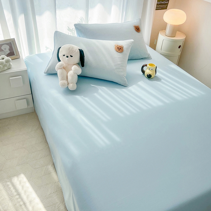 91家纺网 家纺一手货源 找家纺 慕尚 2025新款全棉华夫格毛巾绣四件套 华夫格小熊仔蓝