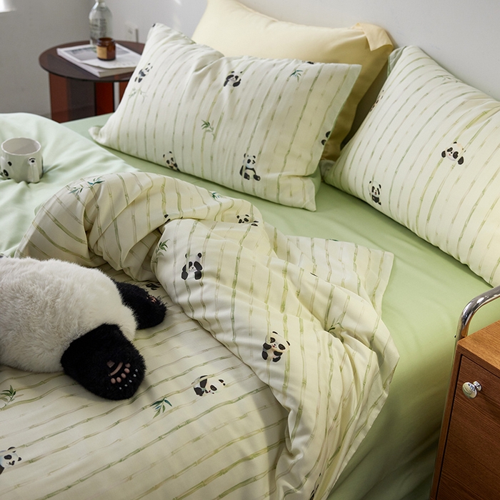 91家纺网 家纺一手货源 找家纺 时年家纺 2024春夏新品莱赛尔天丝印花四件套 淘气熊猫